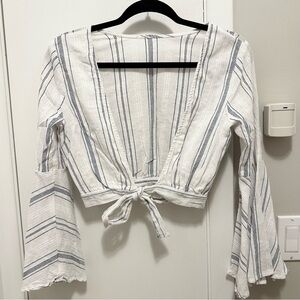 Clayton Stripe Bell Sleeve Cropped Tie Front Blouse Top Women’s S Cotton white
